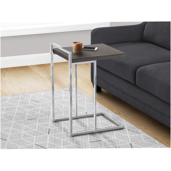 Grey Modern C-Shaped Sofa Side Table with Chrome Metal Base, Accent End Table for Living Room Bedroom