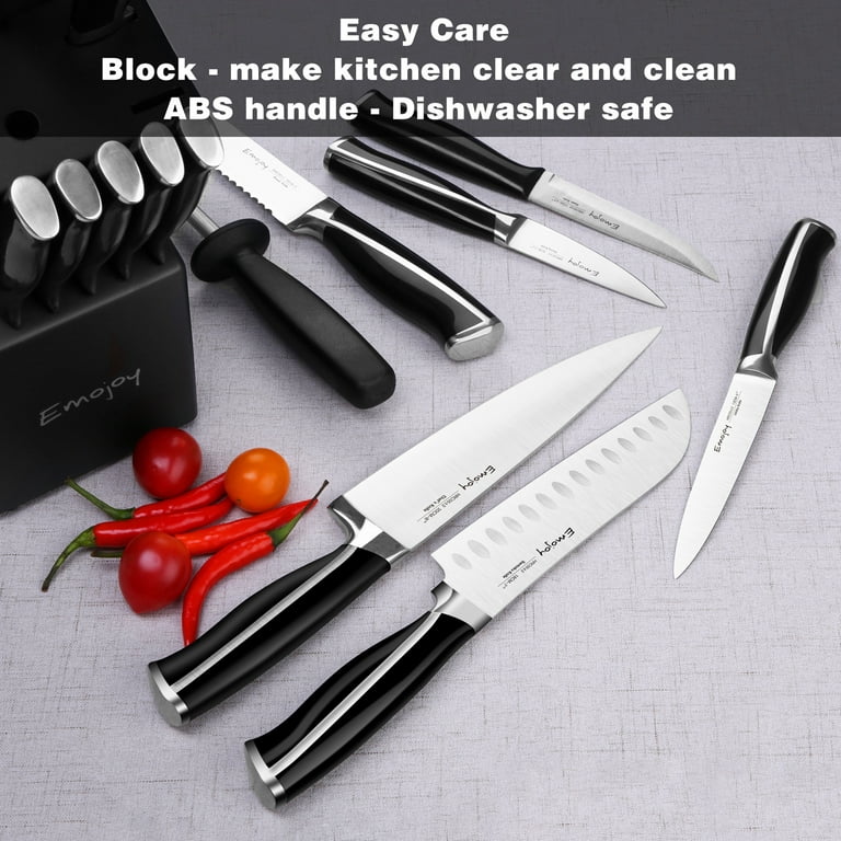 Emojoy Knives Set for Kitchen With Block,Rust Proof,15-Pcs Knife Set with  Block Wooden, Black Handle German Stainless Steel Cutlery Knife Set 