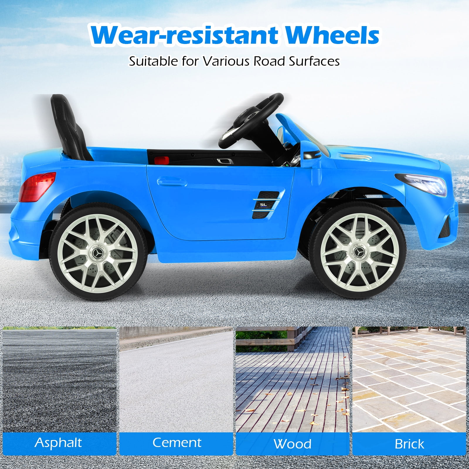 OLAKIDS 12V Electric Kids Ride On Car, Licensed Mercedes Benz SL500 Toy Car with Remote Control, MP3 Plug, USB, 2 Speeds, LED Lights, Battery Powered Toy Vehicle for Toddler Children (Blue)
