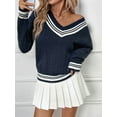 thumbnail image 5 of Womens V Neck Oversized Sweaters Long Sleeve Cable Knit Pullover Striped Chunky Sweater Casual Tunic Tops Navy Blue S, 5 of 8
