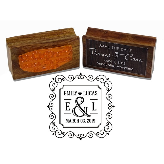 Printtoo Custom Save The Date Rubber Stamp Wood Mounted Square Swirl Border Personalized Stamper Idea