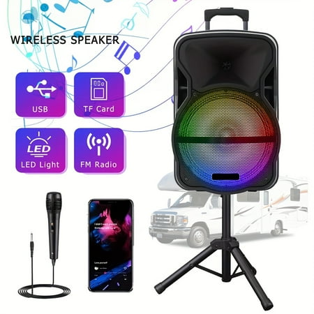 Portable Bluetooth Speaker with Stand, 8" 12" 15" Subwoofer, Heavy Bass PA System, TWS, FM, AUX, LED Lights, Mic, Tripod, Handle, for RV Car Truck Karaoke, Rechargeable