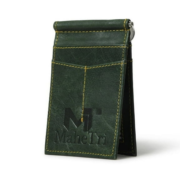 Green Leather Money Clipper BI-FOLD Wallet for Mens