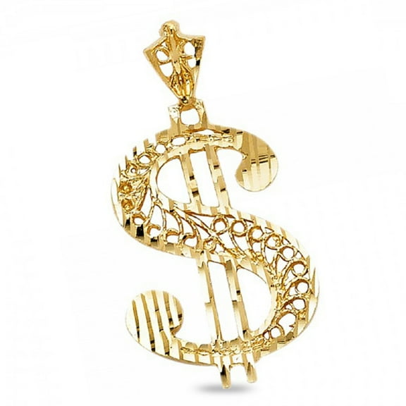 Mens Dollar Sign Pendant Solid 14k Yellow Gold Genuine High Polish Charm Diamond Cut Hip Hop Style Grill 26 mm x 17 mm