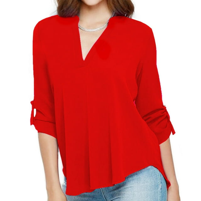 Blouse en Chiffon Unie à Col en V pour Femmes, Mode Aguichant, Manches Longues
