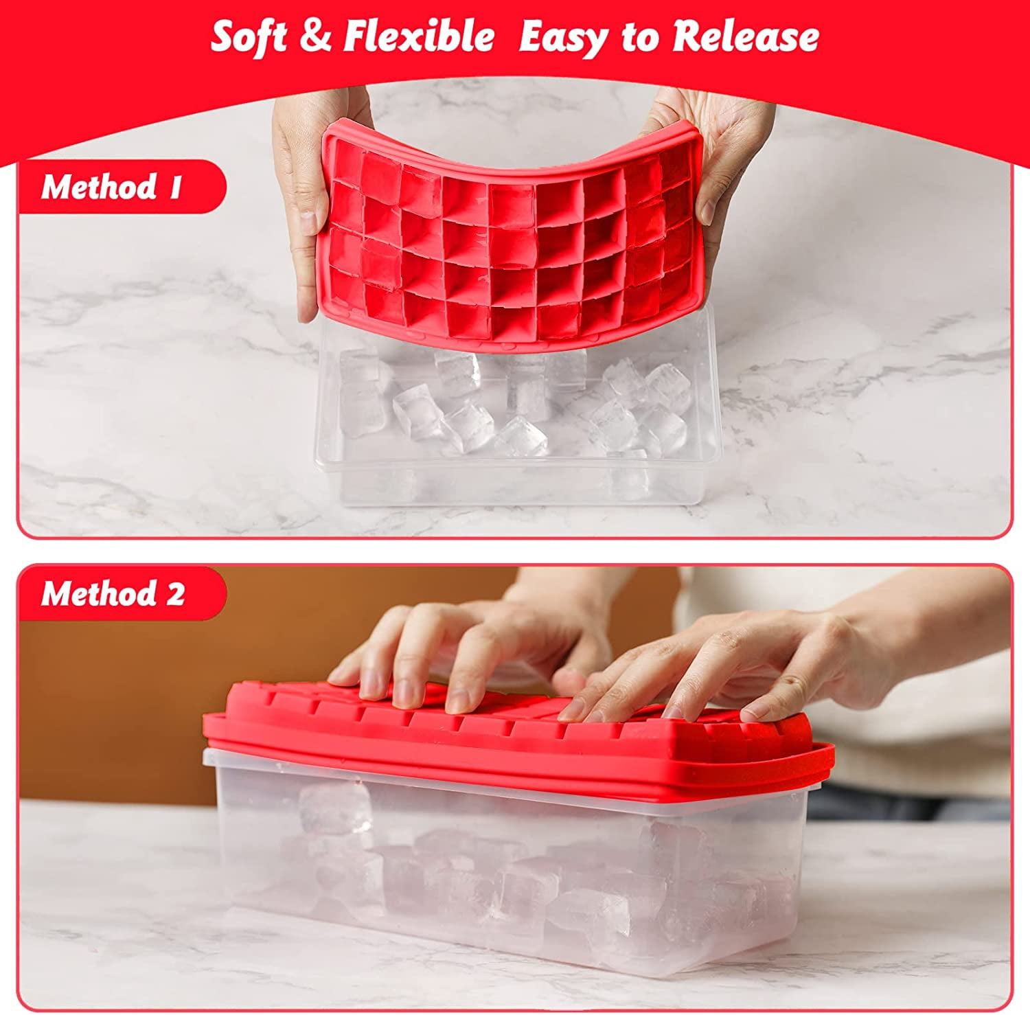 Silicone Ice Cube Tray with Leak-Proof Lid & Storage Bin for Freezer – BPA-Free 36-Piece Nugget Ice Molds, Spill-Resistant Cover & Ice Scoop Container Cover Red