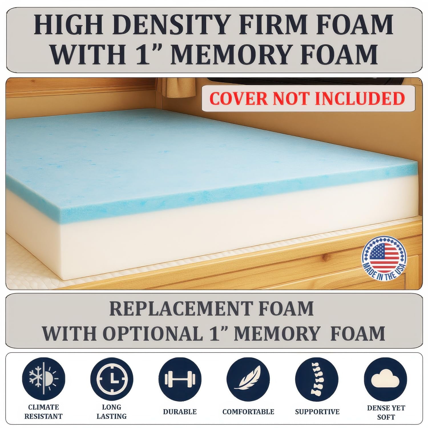 Foamma 6" x 48" x 80" High Density Gel Memory Foam RV Bunk Mattress Replacement Topper for Camper, Truck & Travel Trailer, Firm Support, CertiPUR-US Certified, Made in USA, Cover Not Included