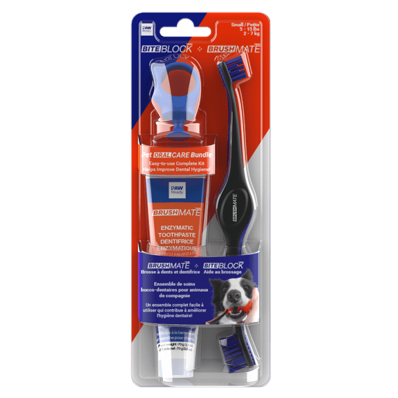 Paw Ready Doggy Breath to Doggy Fresh Dog Dental Care Kit Includes Enzymatic Toothpaste, Dual Brush Head Toothbrush with Angled Bristles and Blue Bite Block to Gently Keep Pets Jaw Open(Blue, Small)
