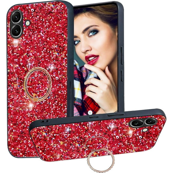 Case for Samsung Galaxy A06 with Ring Kickstand, Women Girls Cute Glitter Sparkly Shiny Bling Sparkle Shockproof Protective Cover Case for Samsung Galaxy A06 CZ-Red