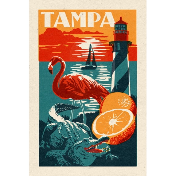 Tampa, Florida, Woodblock (36x54 Giclee Gallery Art Print, Vivid Textured Wall Decor)