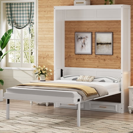 Harper & Bright Designs Full Size Murphy Bed, Wooden Full Cabinet Bed Wall Bed with 2 Drawers, Folding Wall Chest Bed for Guest Room Office, Beige