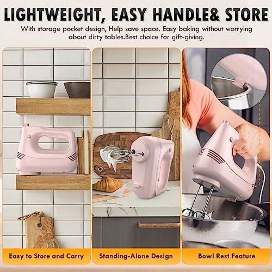 Electric Hand Mixer with Stainless Steel Whisk Dough Hook Attachment and Storage Bag Handheld Mixer for Baking Cakes Eggs Cream Food Mixers. Turbo Boost/5 Speed Kitchen Blender PINK