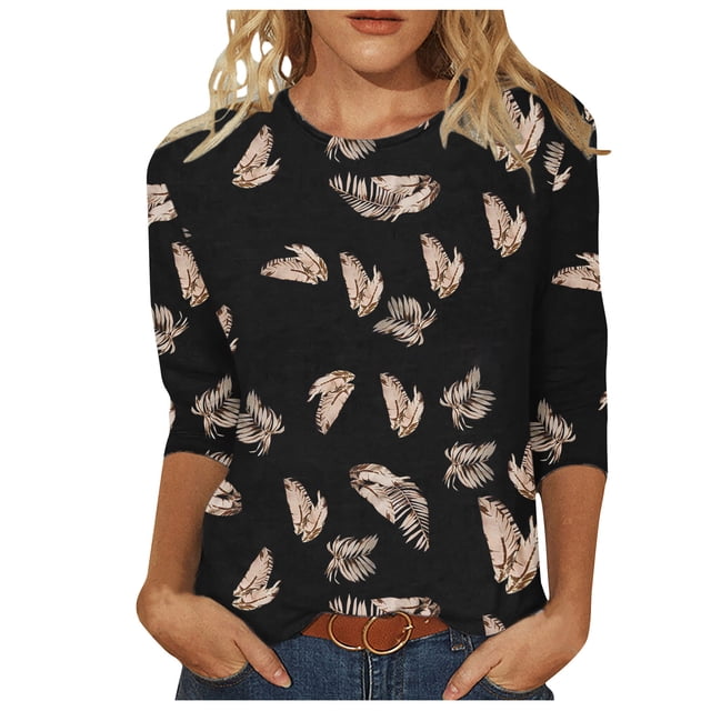 Pompotops T-shirt de Mode pour Femmes, Blouse Mi-Longue à Manches 3/4, Col Rond, Hauts Décontractés en Liquidation