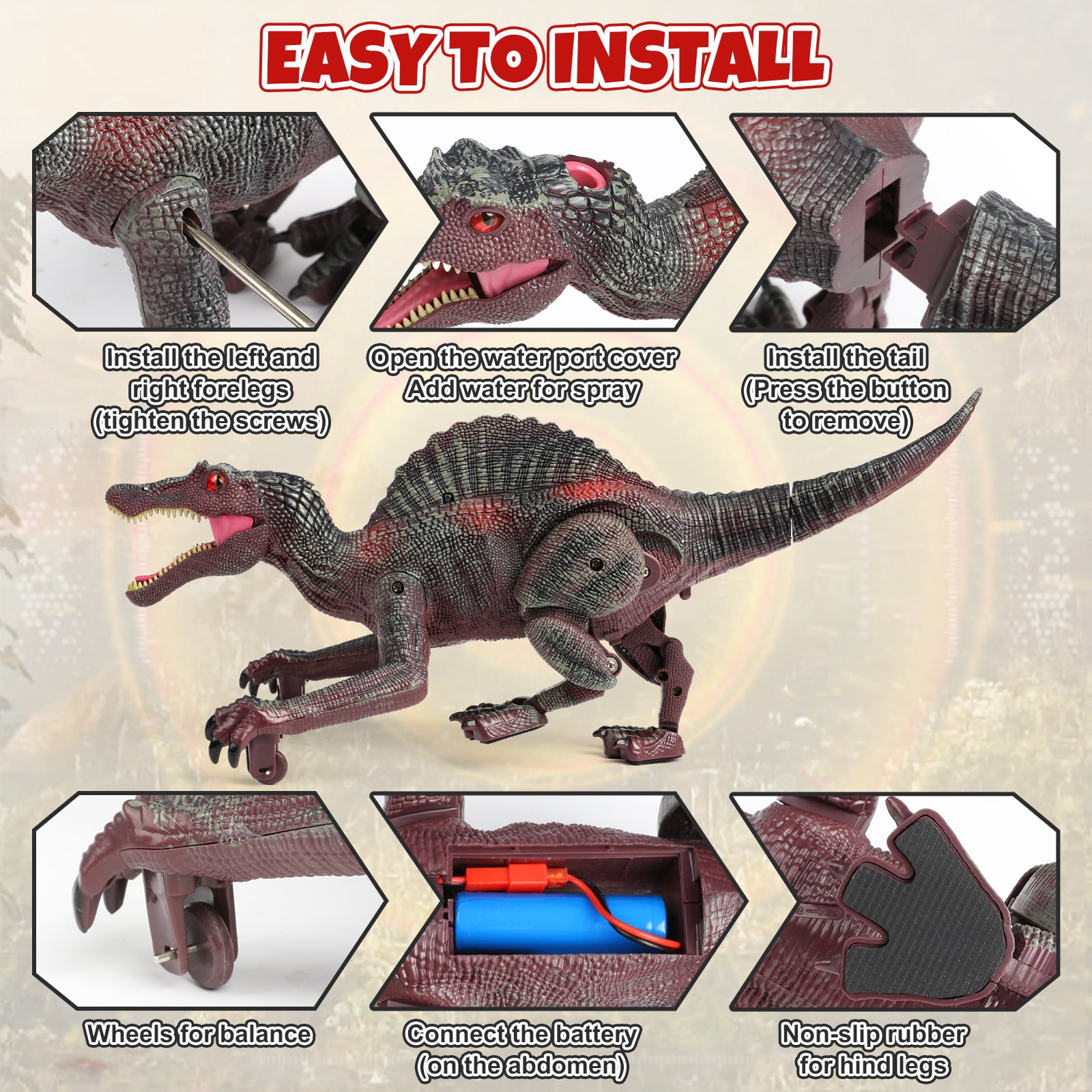 HopeRock Remote Control Dinosaur Toys for Boys 3-6 Years, Electronic RC Spinosaurus Robot Dinosaurs with Spray & Light & Roar, Realistic Walking T-Rex Toys Birthday Gifts for Boys 6-12.