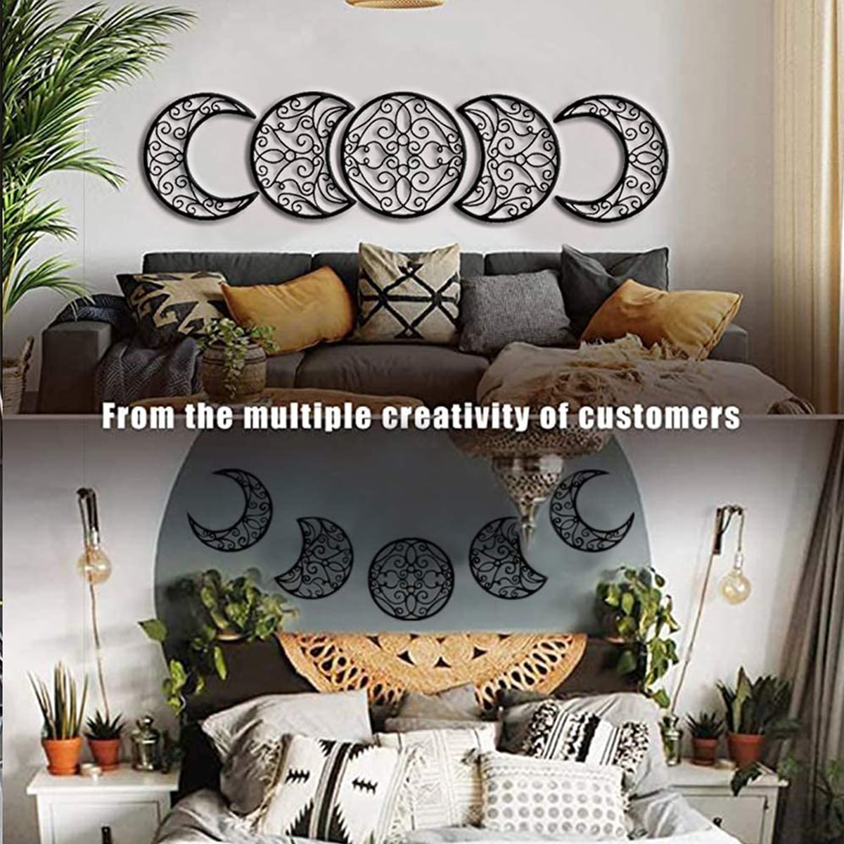 5PCS Black Moon Decoration Wall-mounted 3D Moon Phase Spiritual Bedroom Wall Decor Wood Moon Appearance Adornment Natural Design Nordic Moon Decoration for Christmas Home Decoration