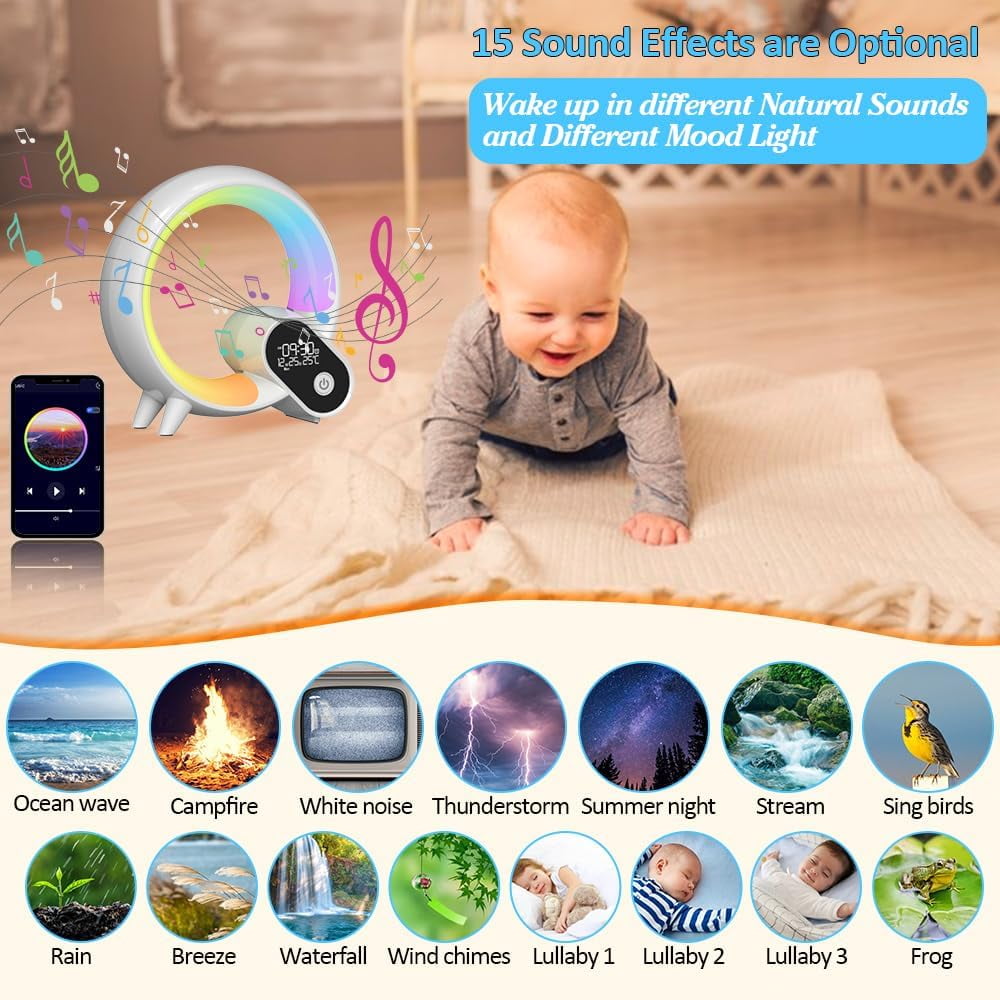 Wake Up Light, Smart Sunrise Alarm Clock for Kids Baby Sound Machine with 15 Soothing Sounds Bluetooth Speaker Night Light with Snooze,Timer, App, Remote Control Bedside Lamp for Bedroom Gifts