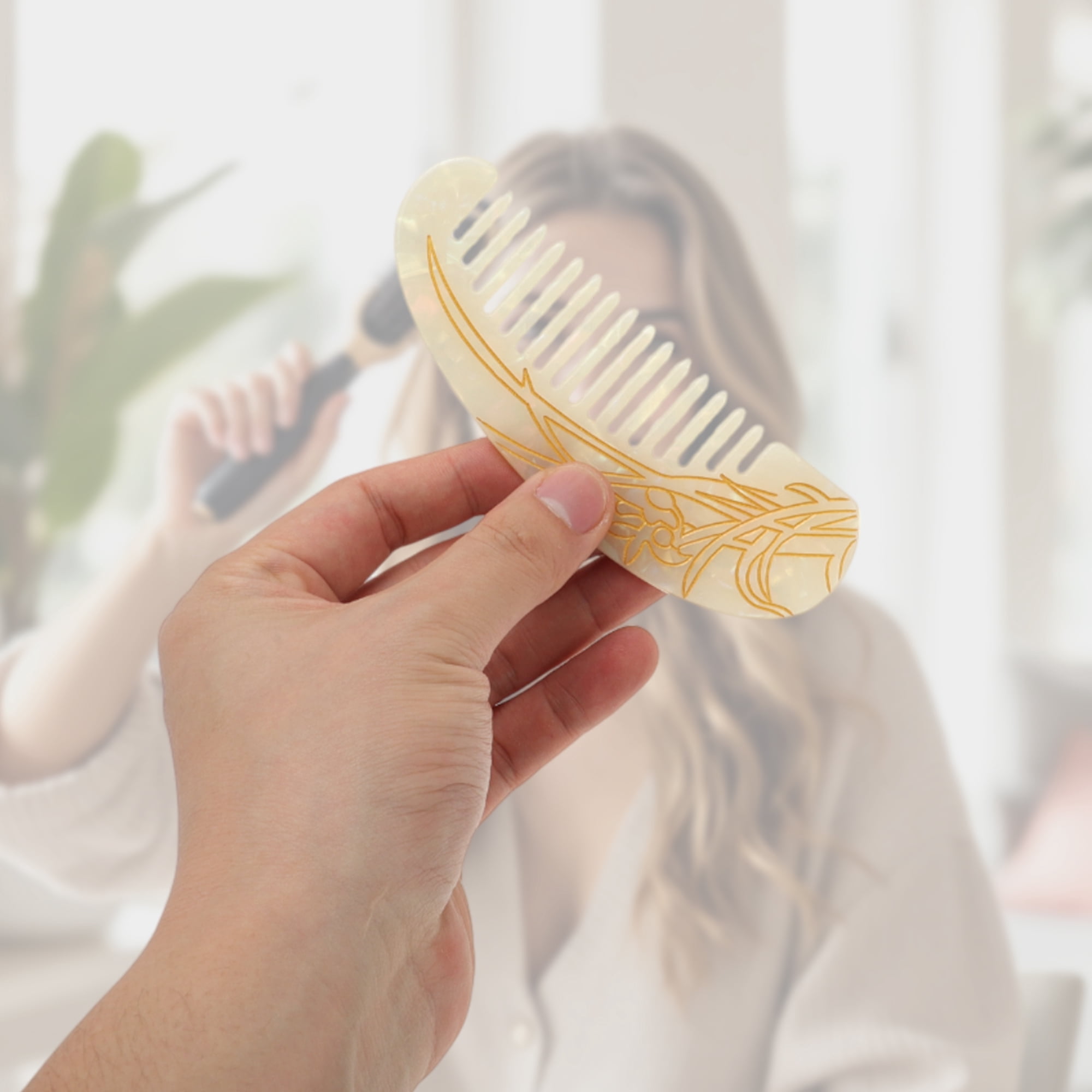 Unique Bargains 1 Pc Floral Half Round Hair Comb for All Hair Types Styles White