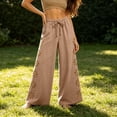 thumbnail image 6 of Zynoxe Womens Cotton Linen Boho Pants Summer Floral Cutout Elastic Waisted Wide Leg Pants Loose Straight Ventilate Vacation Beach Pants Khaki L, 6 of 7