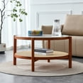 thumbnail image 3 of Kadyn Solid Wood Coffee Table, 2-Tier Tea Table with Solid Wood Frame and Pe Rattan, Round Glass Sofa Center Table for Living Room, Walnut, 3 of 13