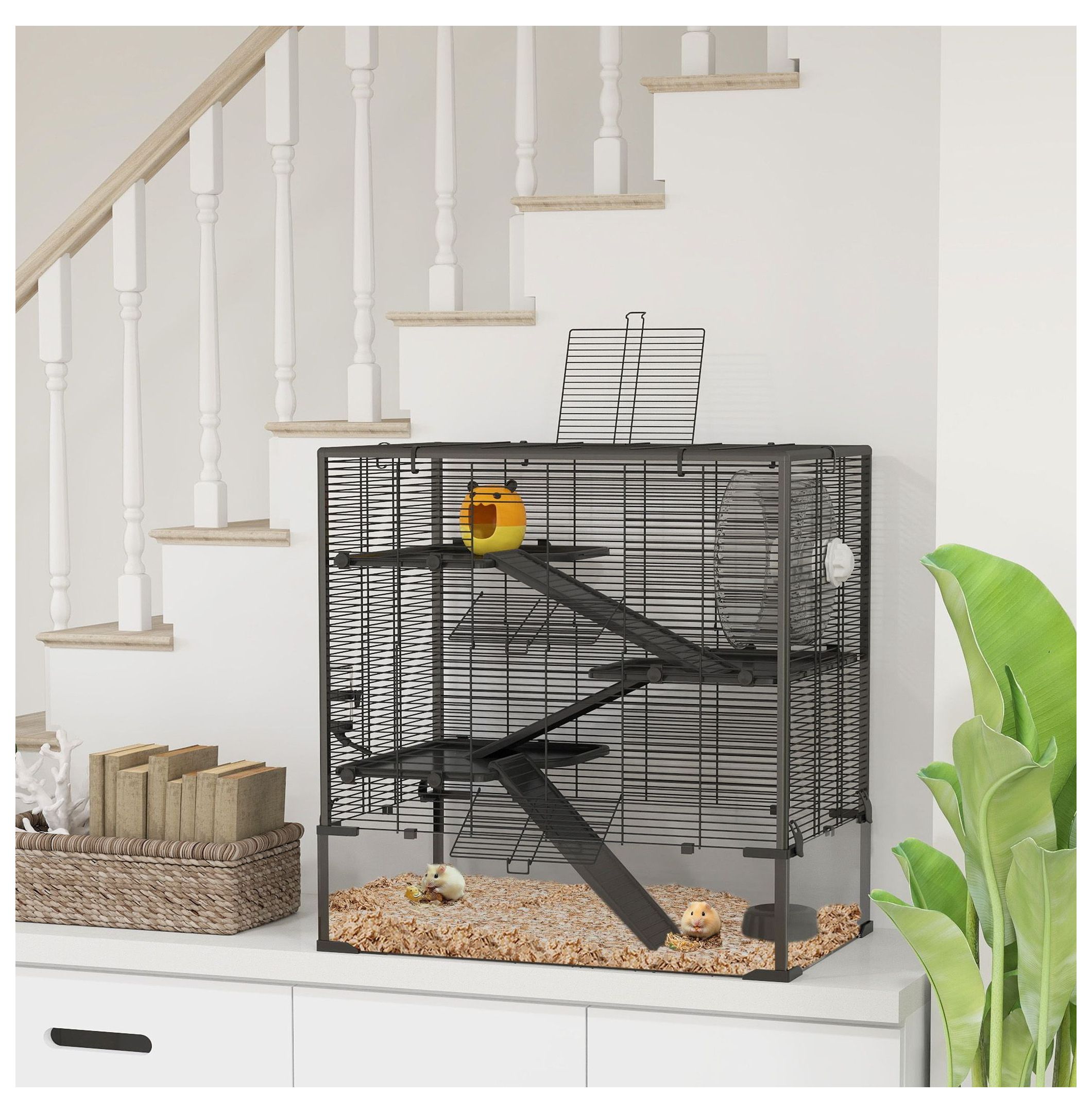 Hamster Cage 4 Tier with Deep Glass Bottom, Wheel, Hut - Rat & Gerbil Habitat