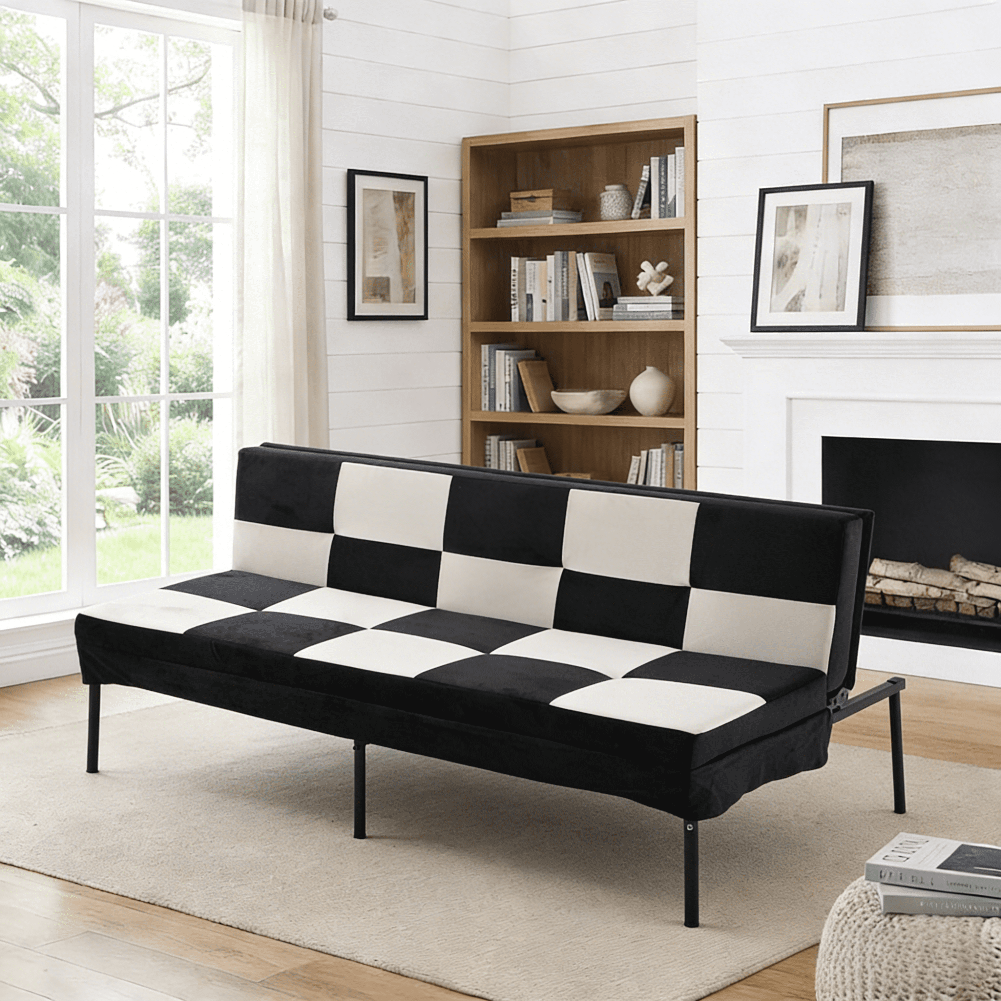 Gewnee Velvet 63.58"Folding Sofa Bed,Adjustable Convertible Folding Sleeper Couch Bed for Living Room,Office,Small Space,Black & White