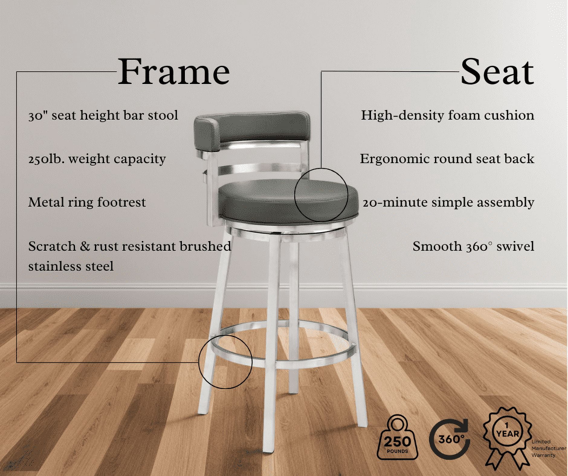 Madrid 30" Bar Height Swivel Gray Faux Leather and Brushed Stainless Steel Bar Stool