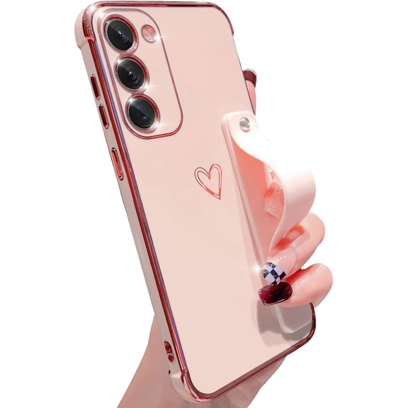 Compatible with Samsung Galaxy S23 Plus 5G Case for Women Girls£¬ Cute Heart Pattern TPU Plating case with Adjustable Wrist Strap case for Samsung Galaxy S23 Plus-Pink