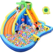 Veeboto Inflatable Water Slide, 5-in-1 Inflatable Water Park with Blower, Paddling Pool, 2 x Water Guns, Climbing Wall, Basketball Hoop, and Long Water Slide for 2-10 Years Kids