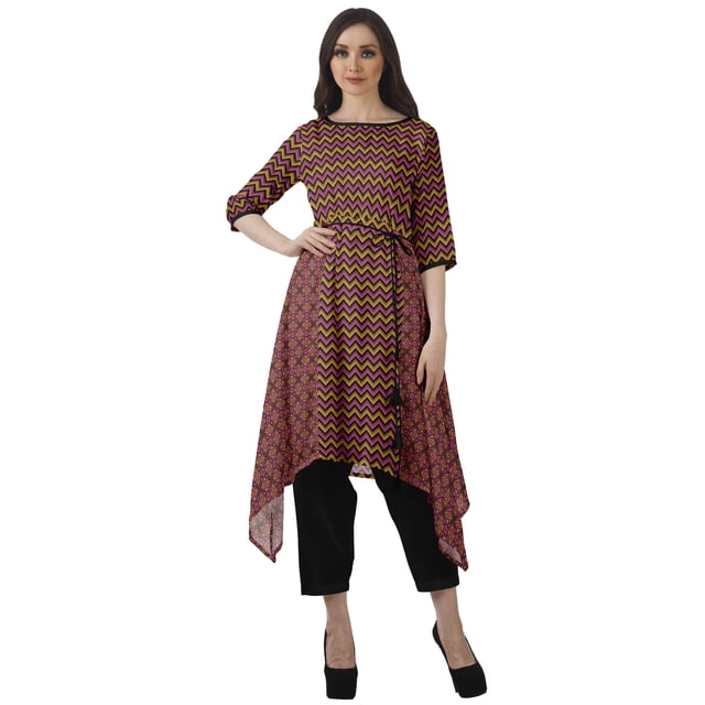 Moomaya Kurti Asymétrique avec Pantalon Tunique Indienne Ensemble Kurti Imprimé pour Femmes