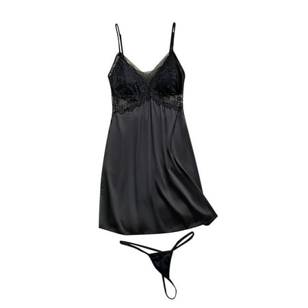 Lovskoo 2024 Women s Satin Spaghetti Strap Sleepwear Babydoll Sleepwear Sleeveless Ruffle Chemise Nightgown with Thong Black