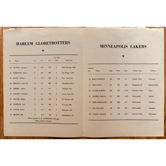 1951 Minneapolis Lakers (George Mikan) at Philadelphia Warriors program insert
