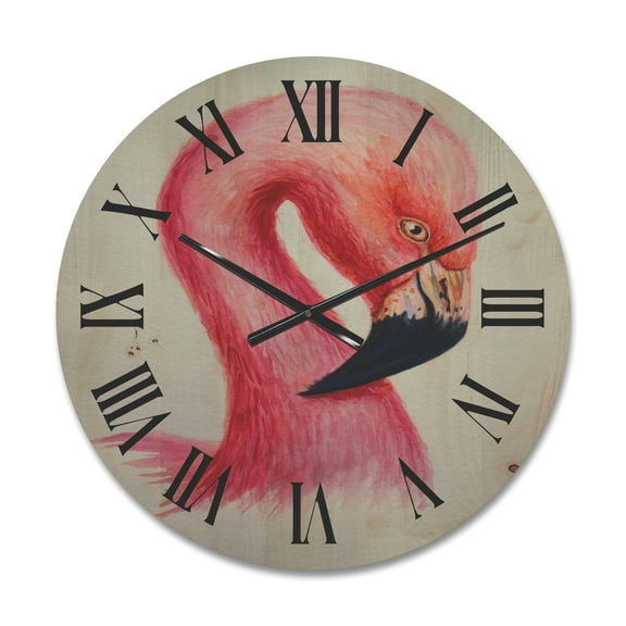 Designart 'Abstract Portrait of Pink Flamingo IV' Farmhouse Wood Wall Clock