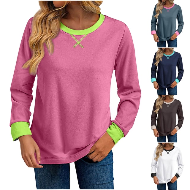 breaise Chandail Décontracté à Col Rond pour Femme, Coupe Ample, Doux, Manches Longues, Haut à Enfiler, T-Shirt à Rayures à Blocs de Couleur, Bleu, m
