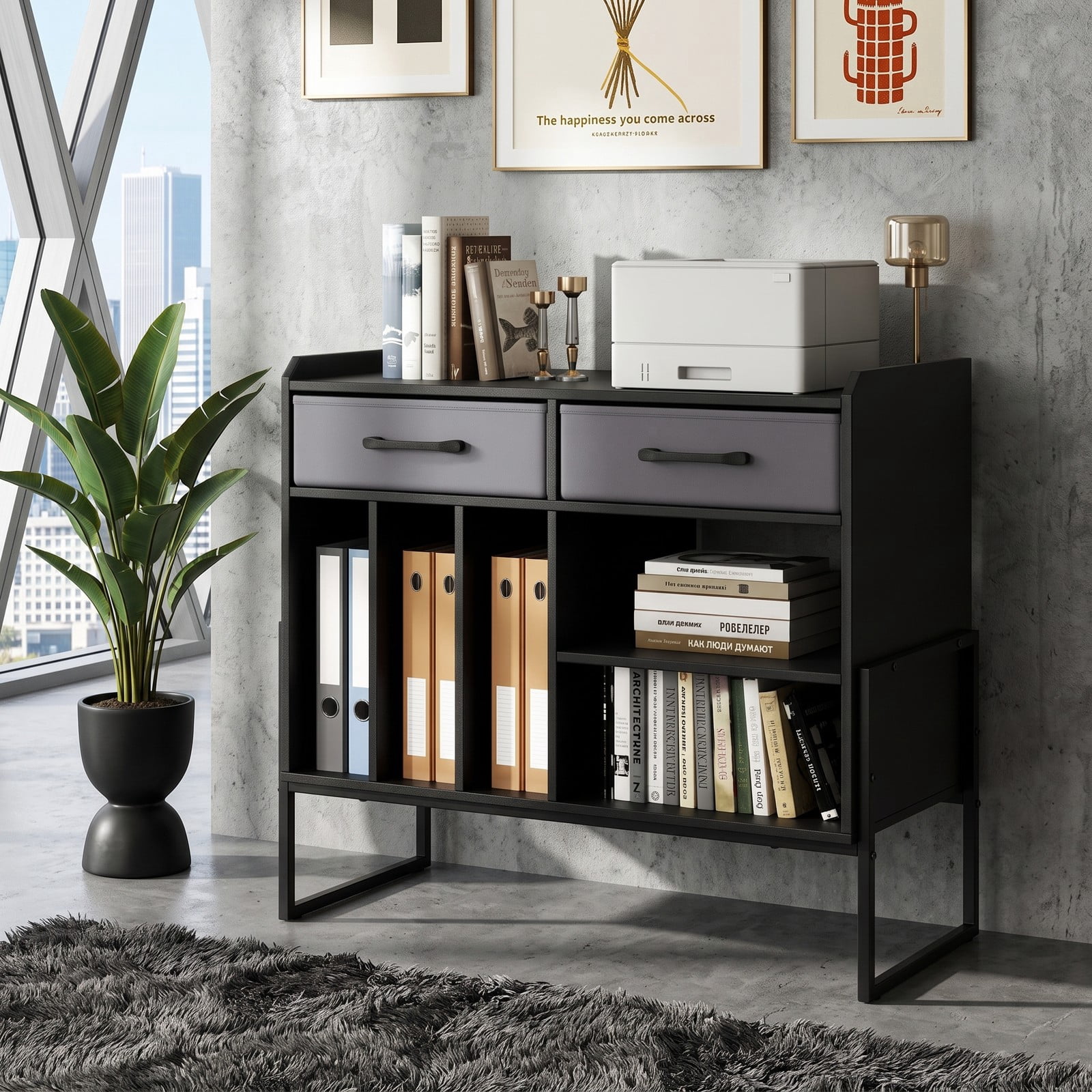 Furnibear Record Player Stand with Charging Station, Mid Century Modern Vinyl Storage Cabinet with USB and Type-C Ports, 2 Fabric Drawers and Adjustable Shelf, Black