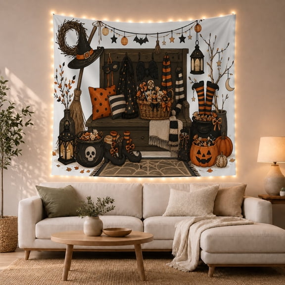 Halloween Bedroom Scene With Pumpkins and Skulls, Cozy Gothic Style for Gothic Decor Fans, Spooky Wall Art, Halloween Gift, Tapestry Wall Hanging for Bedroom and Living Room