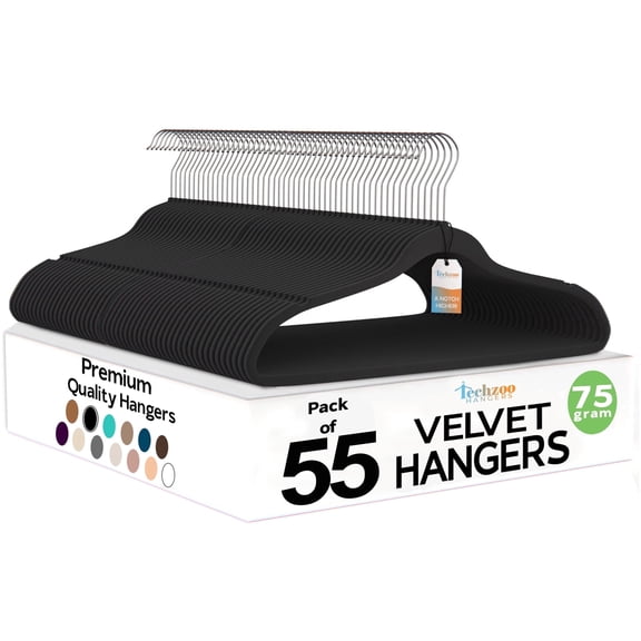 Techzoo Premium Black Velvet Hangers 55 Pack - Space Saving Felt Hanger, Non Slip Clothes Hangers for Closet, Heavy Duty Coat Hanger with 360° Rotatable Hook, Hold Up to 10 lbs