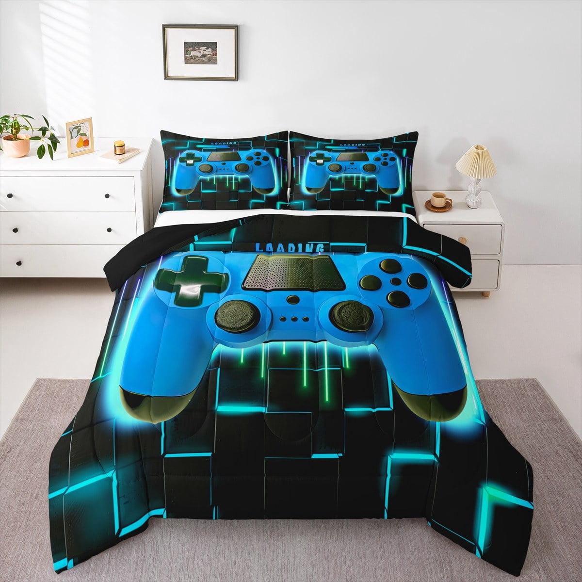 Blue Gaming Full Size Comforter Sets - Gamer Comforter Full Size Bedding Set, Neon Lights Abstract Geometry Design Gamer Room Decor