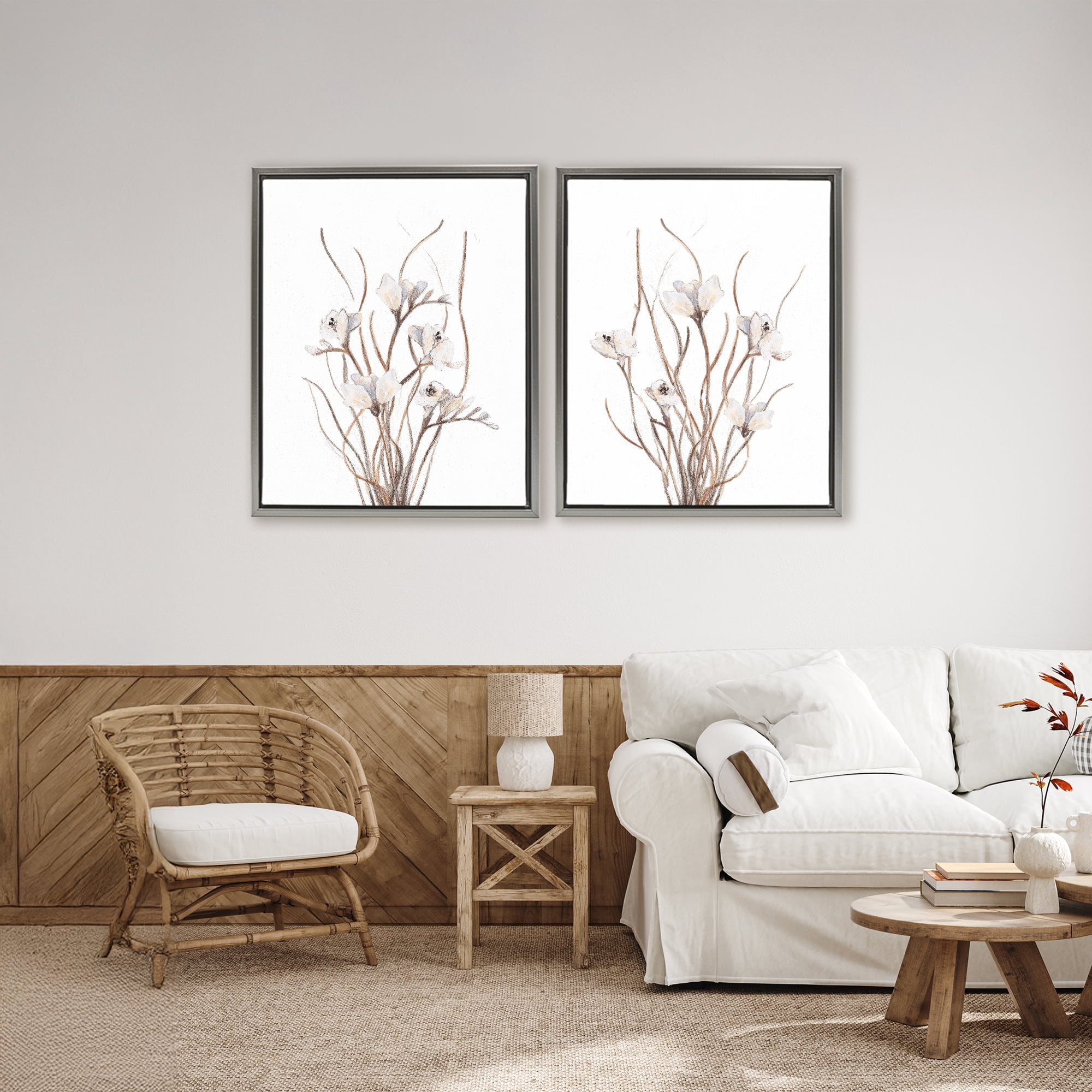 Stupell Industries Curly Branches Wildflowers 2 Piece Gray Framed Floater Canvas Set, design by Lanie Loreth