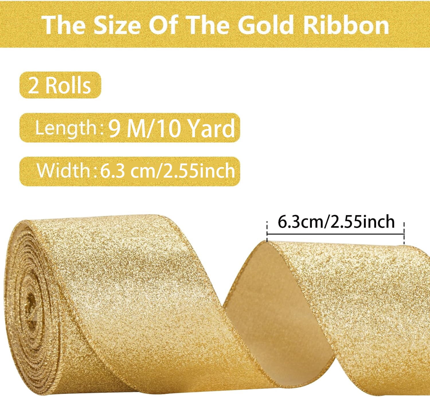 2 Rolls Gold Metallic Wired Edge Ribbon,Bexikou Glitter Wired Ribbon with Metallic Edge,Christmas Decor for Wreath, Tree, Craft Bows,Gift Wrapping & Home,2.5" x 20 Yards