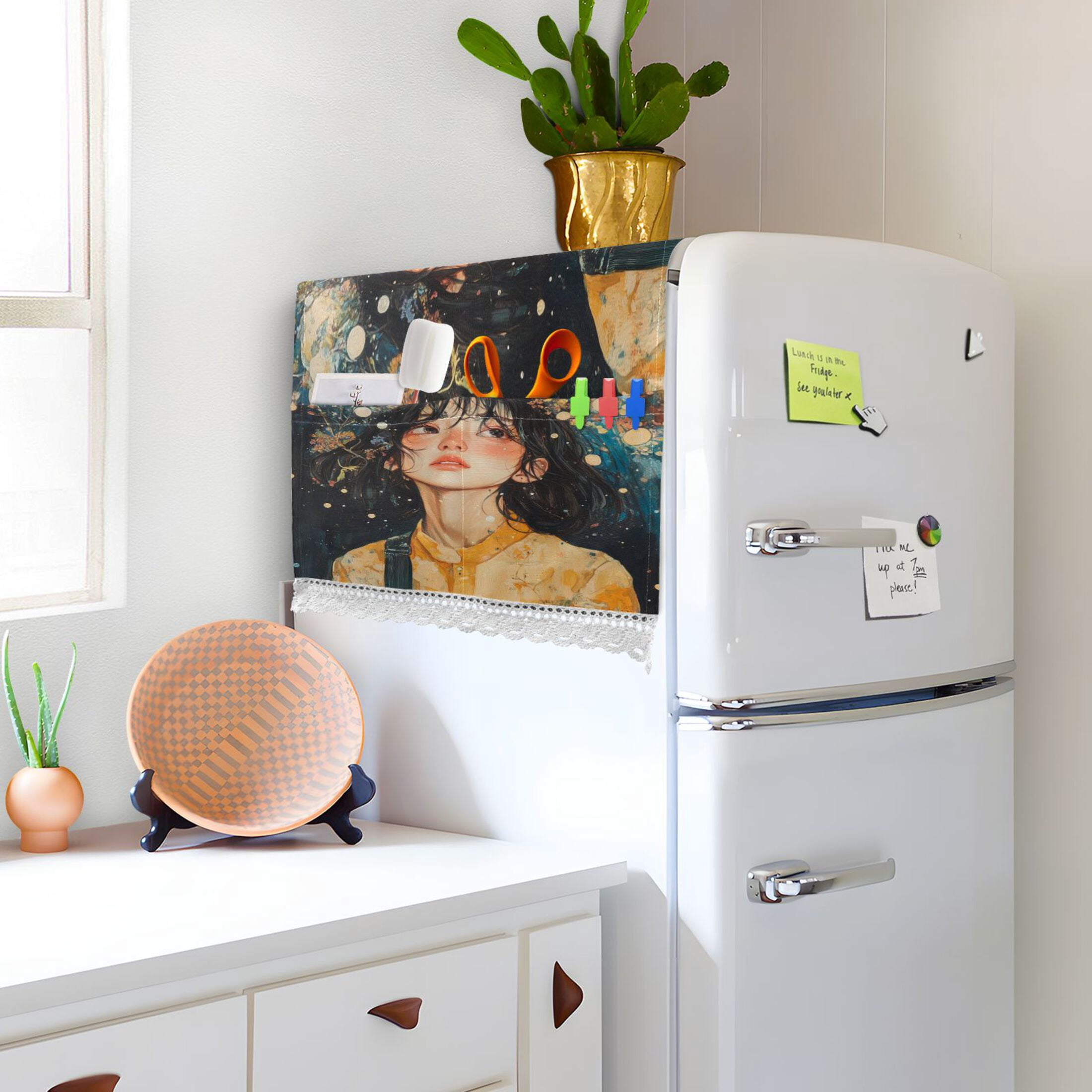 Black Hair GirlWasher and Dryer Covers Dust-Proof and Oil Resistant Fridge Cover with 4 Storage Pockets Washing Machine Top Cover for Laundry Kitchen Home 51.2 x 22 In