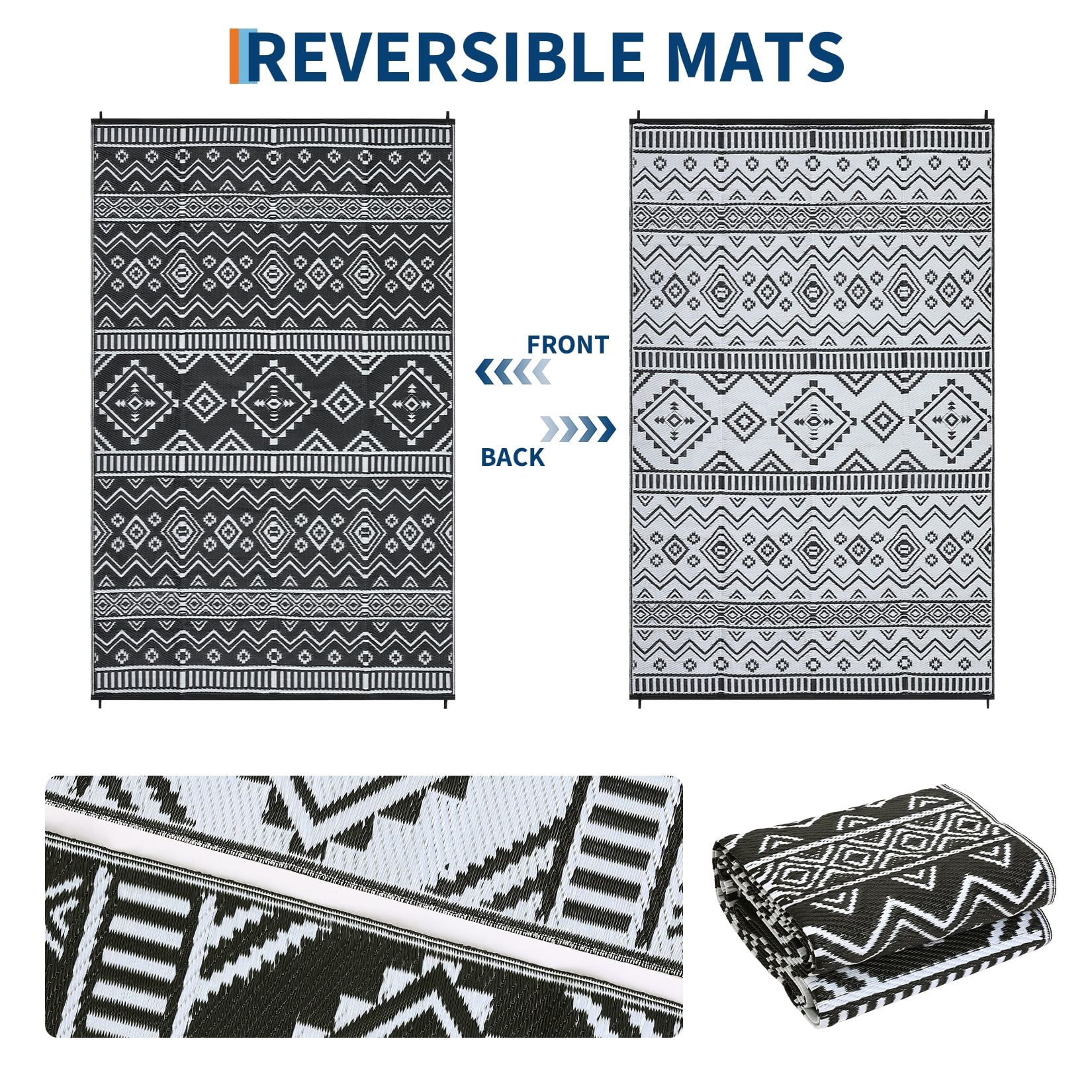 Garvee Outdoor Area Rug 9'x12' Waterproof Outdoor Carpet, Boho Plastic Straw Rug RV Mat for Picnic, Deck, Balcony, Beach, Patio, Black and White