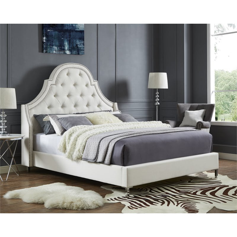Aaron Beige Linen Platform Bed Frame - King Size - Tufted - Nailhead