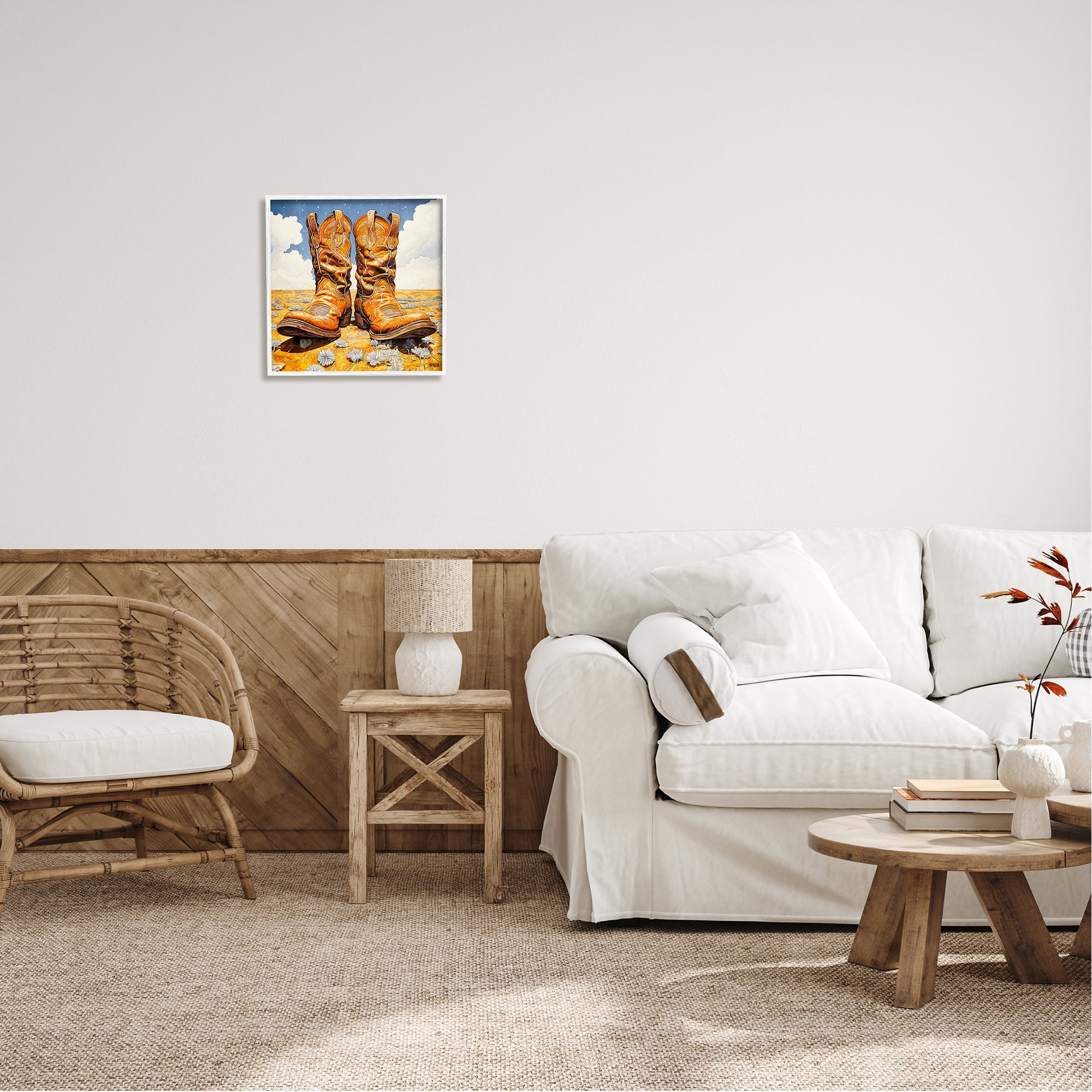 Stupell Industries Cowboy Boots Cloudy Landscape Landscape Painting White Framed Art Print Wall Art, 17 x 17