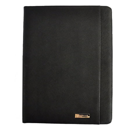 Saffiano Leather Padfolio by Sapphyr | Luxury Business Portfolio Organizer and Writing Pad | Card and Document Storage for Professionals with Included Pen (Black