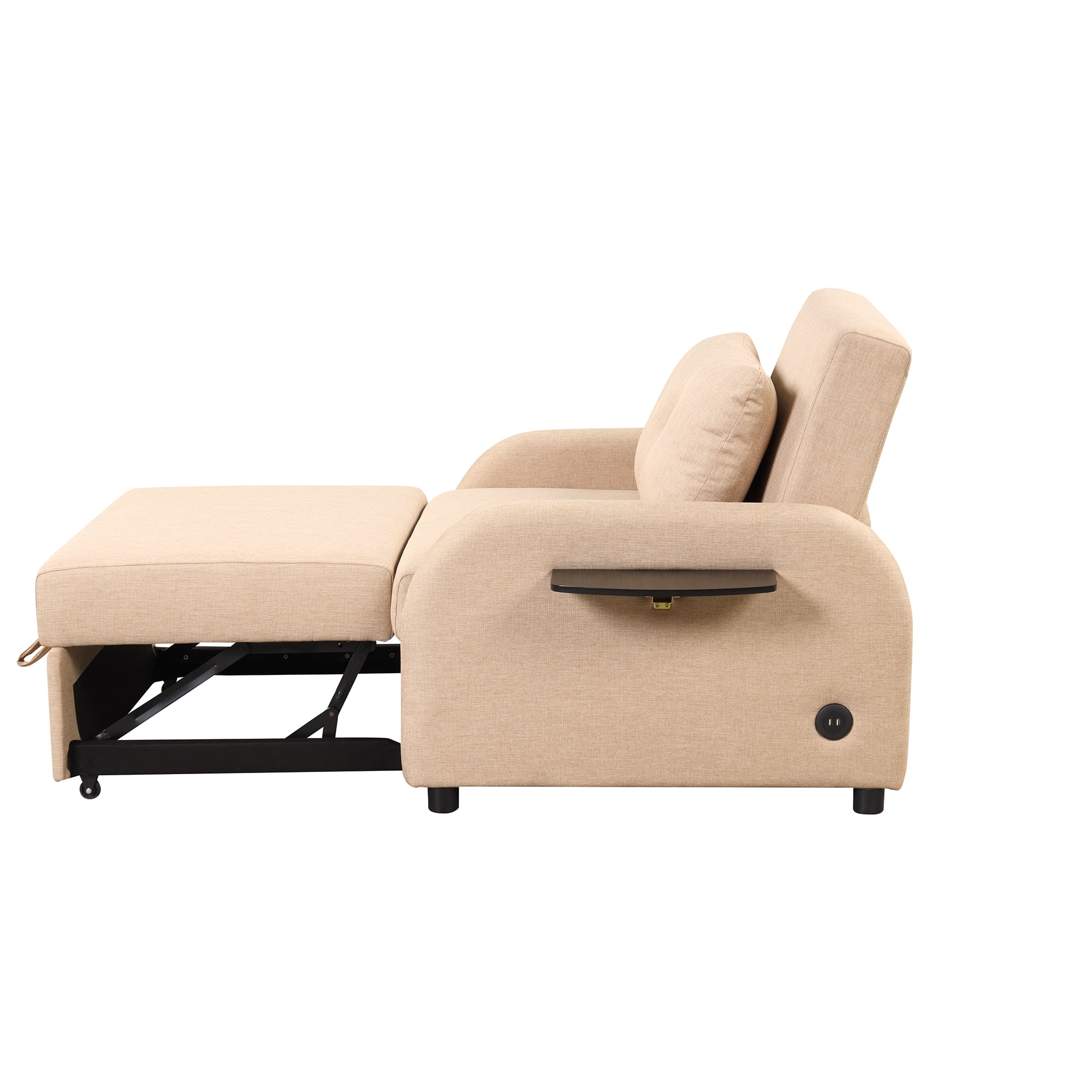 Pull Out Sofa Sleeper with Adjustable Backrest, 3 in 1 Multifunctional Sofa Bed with 2 Wing Table Side Pocket and USB Charge, Linen Fabric, for Living Room, Recreation Room, Beige