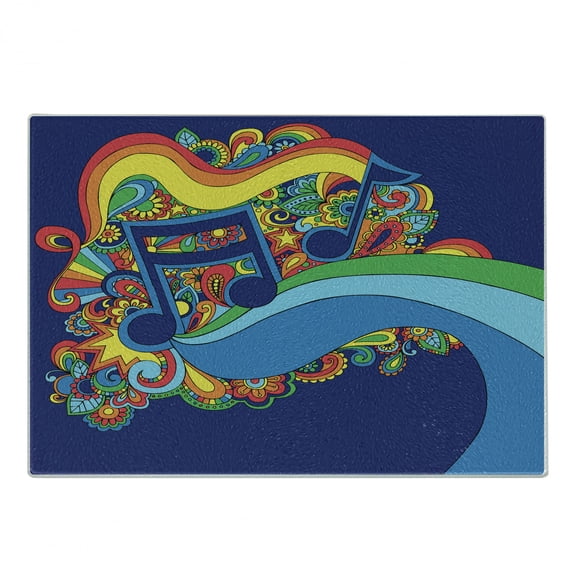 Music Cutting Board, Colorful Sixties Inspired Floral Composition with Notes on a Blue Toned Background, Decorative Tempered Glass Cutting and Serving Board, Small Size, Multicolor, by Ambesonne