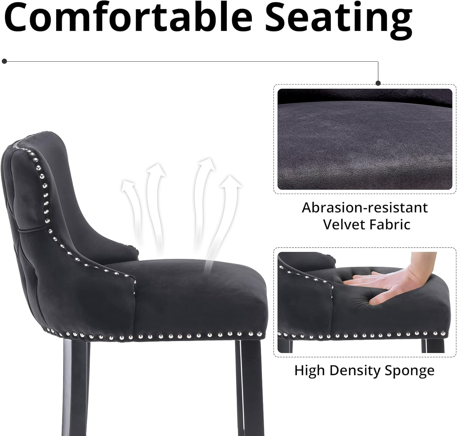 Velvet Wing-Back Bar Stools Set of 2, Button Tufted with Nailhead Trim & Solid Wood Legs, Counter Height Bar Chairs for Kitchen Island Dining Room Pub，Black