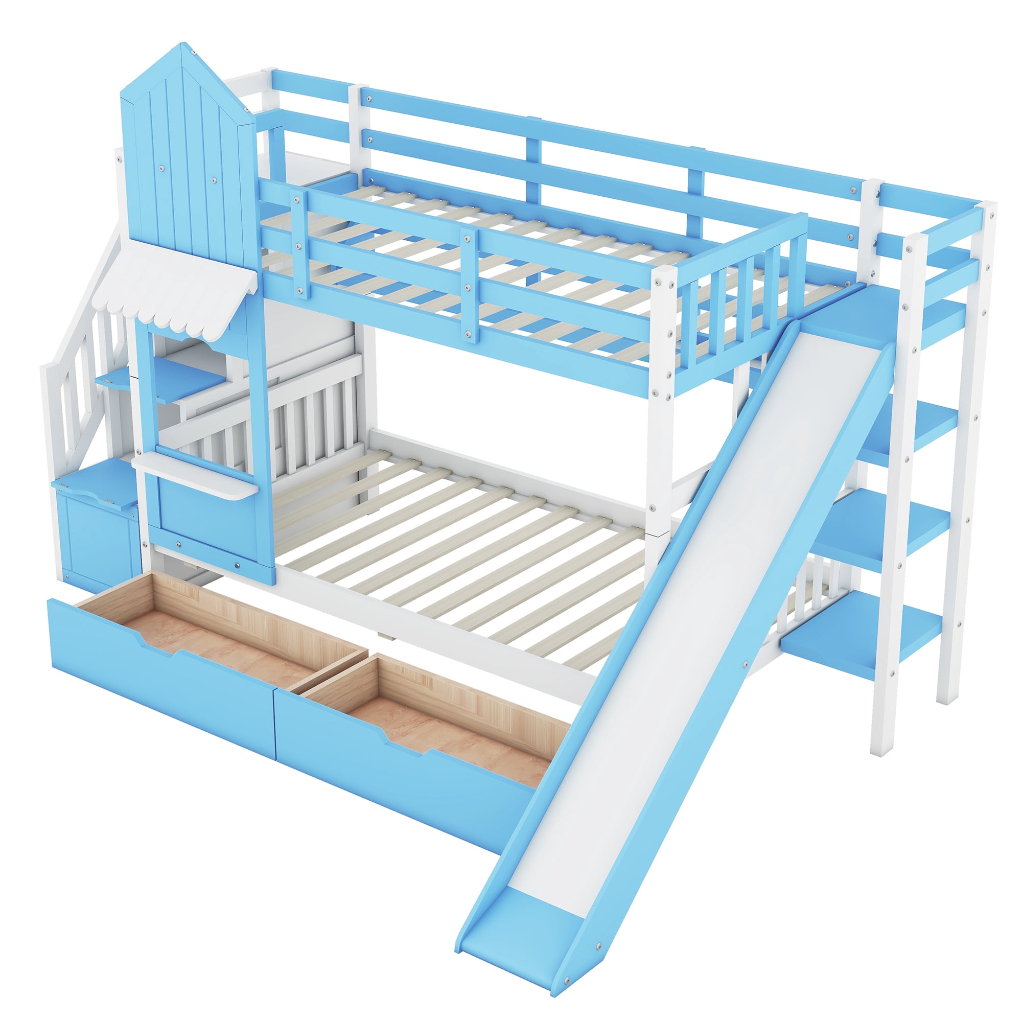 Twin over Twin Castle Style Bunk Bed with Slide and 2 Drawers, Solid Wood Princess Bed House Bunk Bed with Storage Shelves, Storage Staircase and Ladder