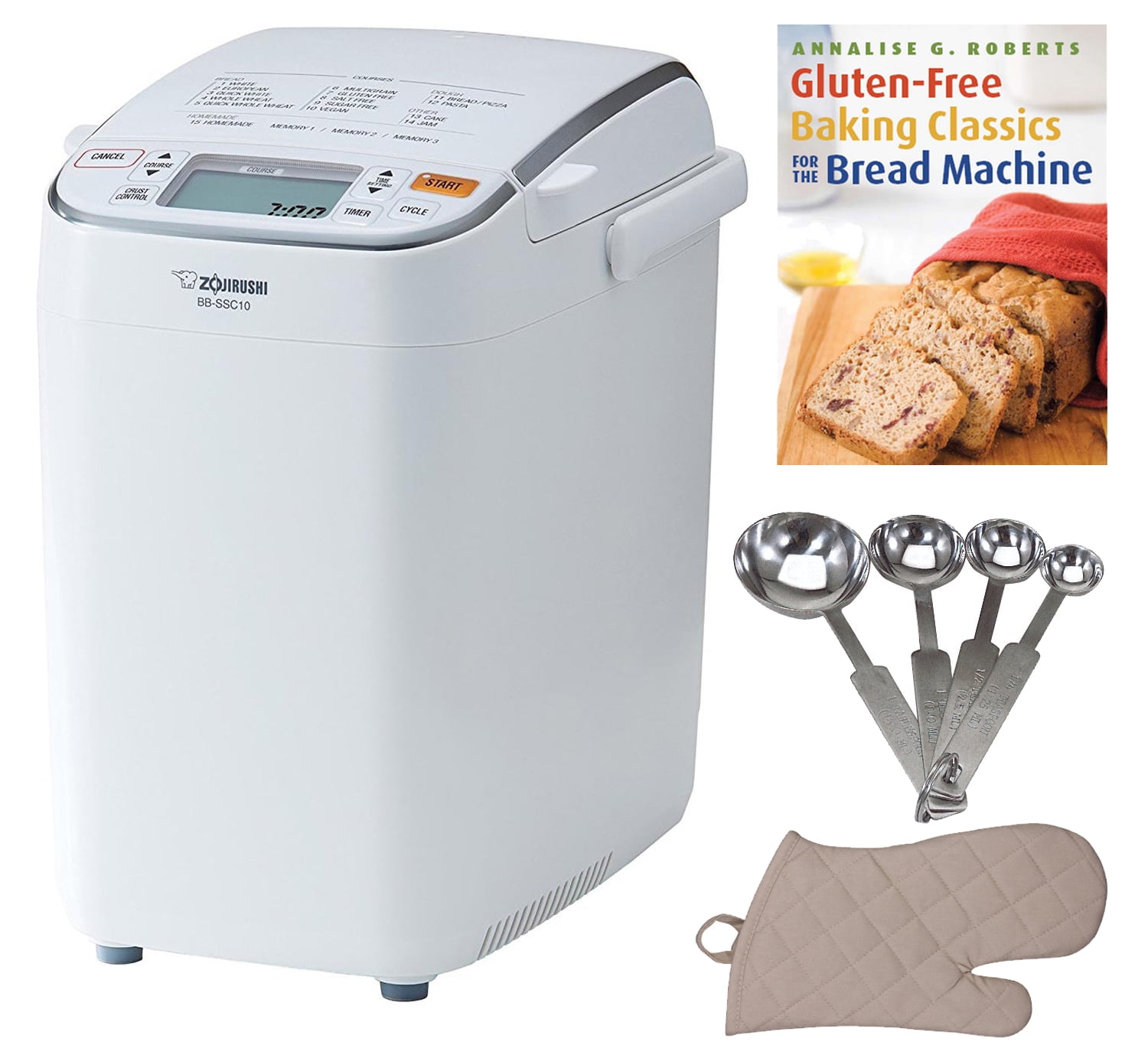 Zojirushi BB-SSC10 Home Bakery Maestro Breadmaker Premium White Includes Bread Making Book Measuring Spoon Set and Oven Mitt 