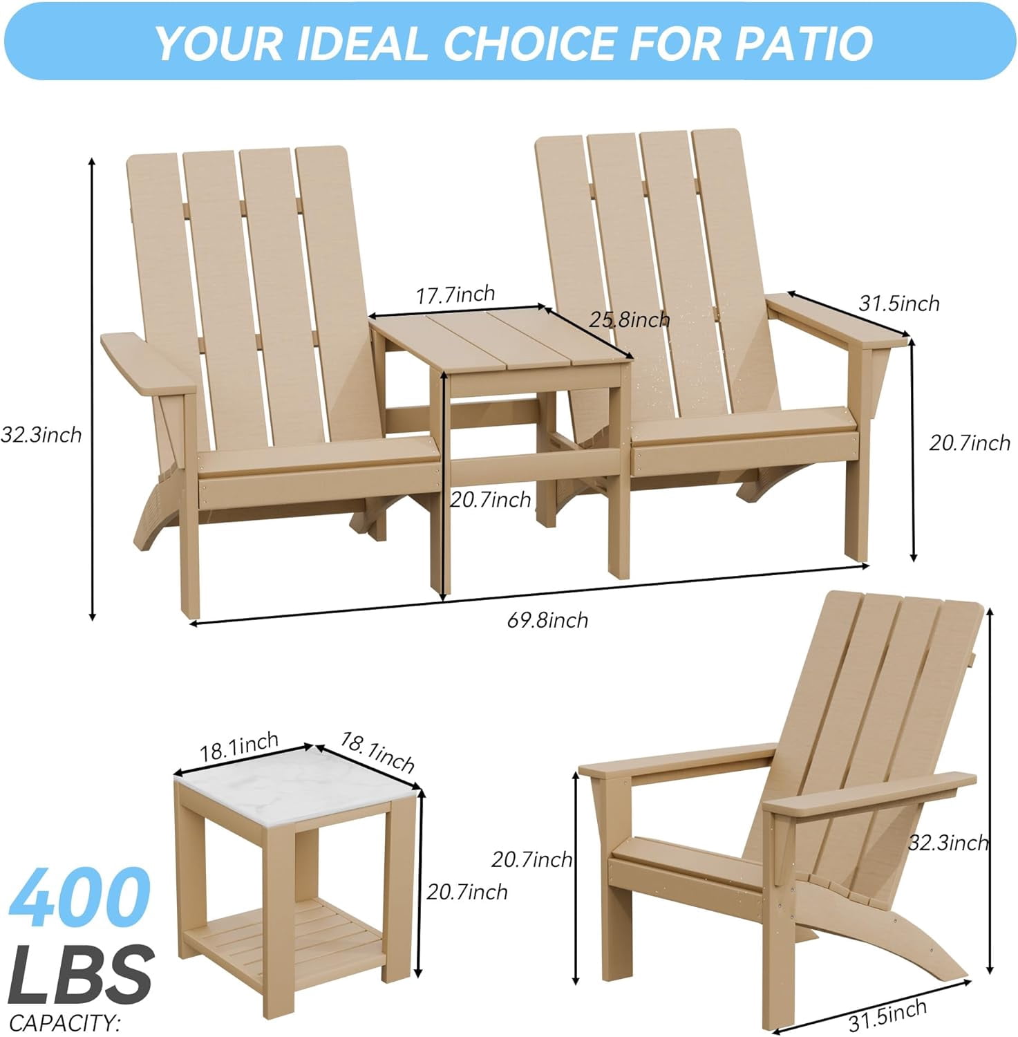 ALAULM All-Weather HDPE 8PCS Modular Flexible Combination Adirondack Conversation Set with Marble-Look Interlocking Side Tables for Deck Patio Poolside, Brown